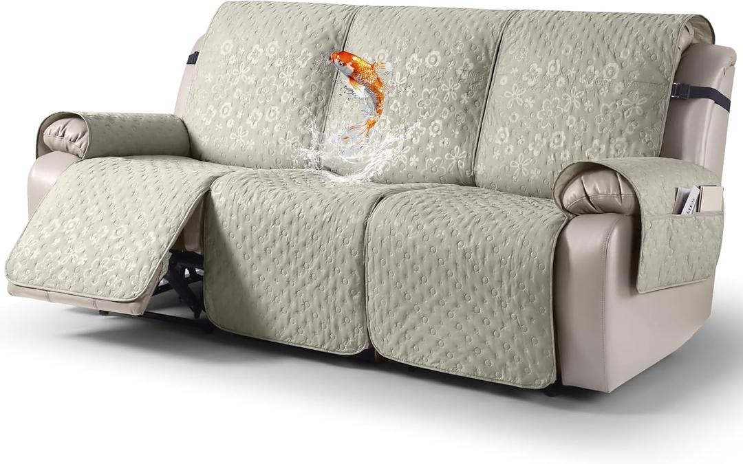 VANSOFY 100% Waterproof Recliner Sofa Covers, Couch Covers with Non-Slip Granule, 3-Piece Washable Reclining Sofa Cover with Pocket Furniture Protector for Kids, PetsBeige,3 Seater