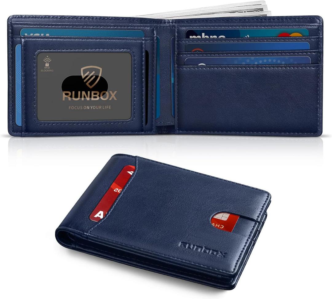 RUNBOX Wallet for Men Slim 11 Credit Card Holder Slots Leather RFID Blocking Small Thin Men's Wallet Bifold Minimalist Front Pocket Large Capacity Gift Box (oil blue)