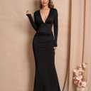 Long Sleeve Maxi Dress Deep V Neck Ruched Bodycon Elegant Semi Formal Wedding Guest Dresses for Women 2025 (Black, S)