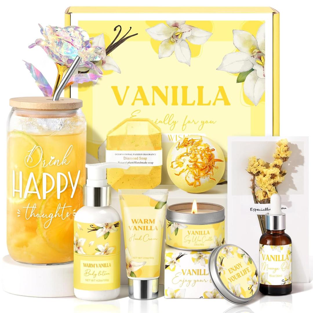 Birthday Gifts for Women, Relaxing Spa Gift Baskets for Women, Warm Vanilla Self Care Package Gifts, Mother's Day Bath and Body Inspirational Gift Set for Mom, Her, Wife, Best Friend, Sister, Coworker