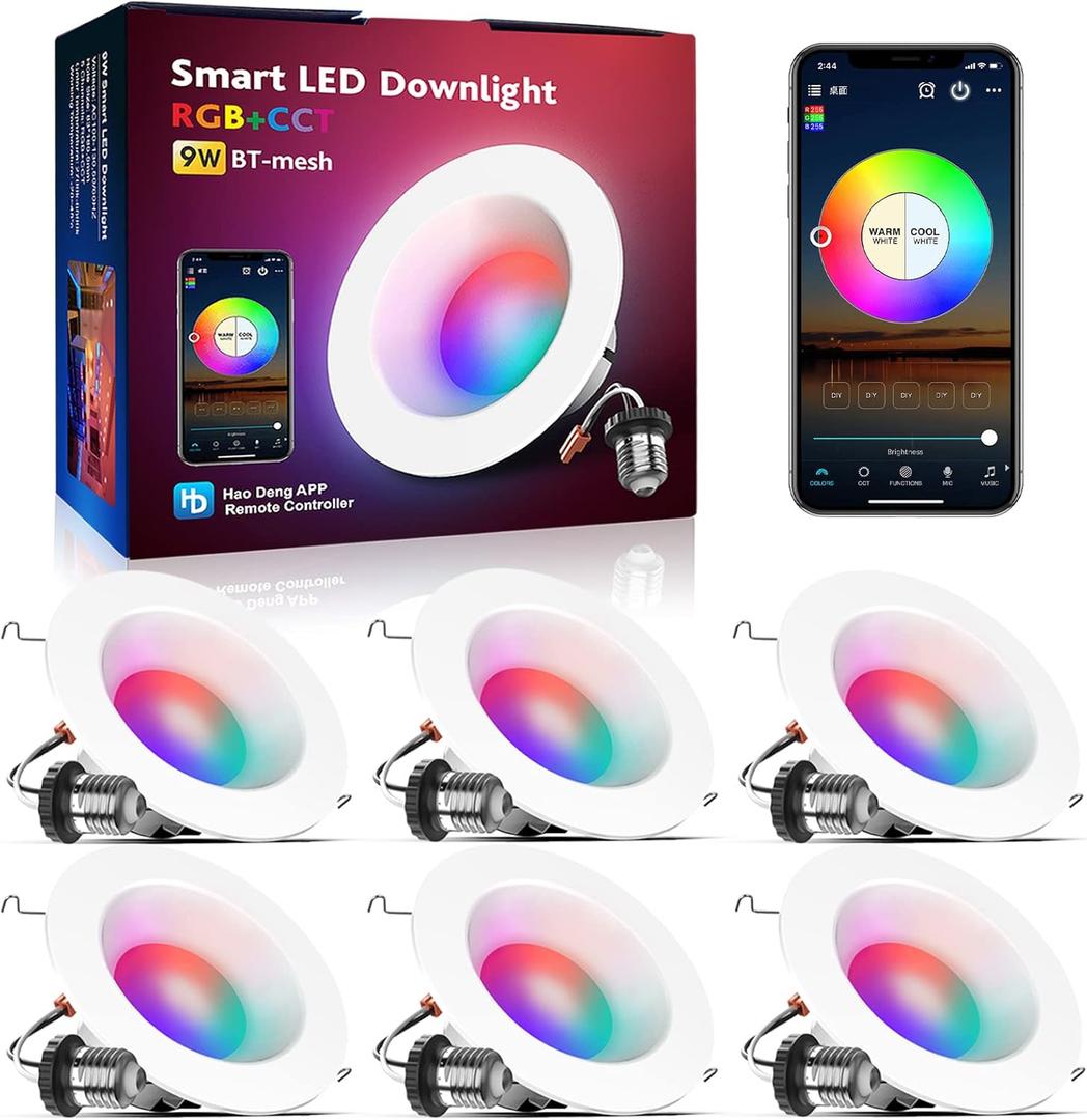 Smart Recessed Light 6 Inch, APP Control, Dimmable, RGBCW, Cool to Warm White, 2700K~6500K, CRI80+, Color Changing Retrofit LED Can Light, Bluetooth Mesh Smart Home Lighting, 6Pack