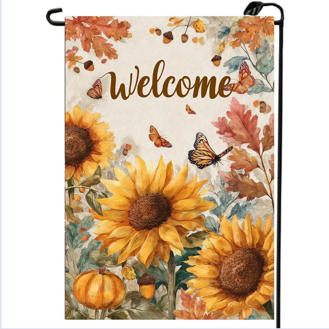 Fall Garden Flag 12x18 Double Sided, Burlap Autumn Thanksgiving Sunflowers Welcome Garden Flags Fall Decorations for Outside Home, Small Decorative Outdoor Yard Lawn Flags