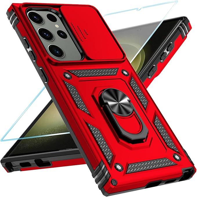 SunStory Phone Case for Samsung Galaxy S23 Ultra Case with HD Screen Protector & Slide Camera Cover & Rotated Ring Kickstand, [Military-Grade] [2 in 1] Phone Case for Galaxy S23 Ultra 6.8",Red