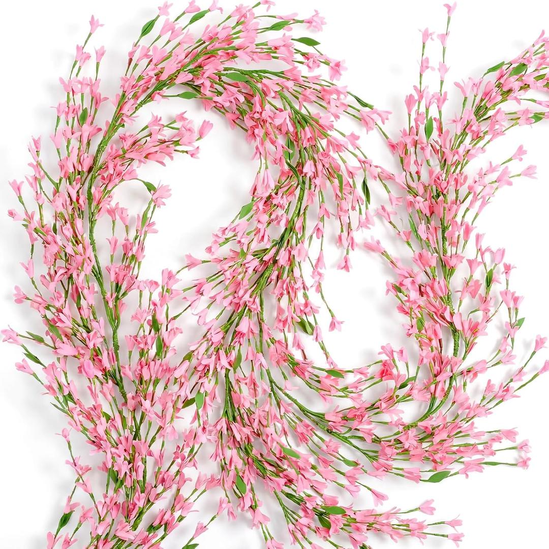 Canlierr 2 Pack 71 Inch Artificial Forsythia Branches Faux Flower Vine Garland Forsythia Flower Hanging Wreath Floral DIY Decoration for Front Door Home Indoor Spring Wedding Easter Decor (Pink)