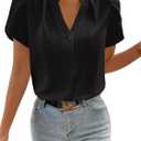 Women's Tops Dressy Casual V Neck Short Sleeve Shirts Summer Chiffon Work Blouse Business Clothes (Black, XXL)