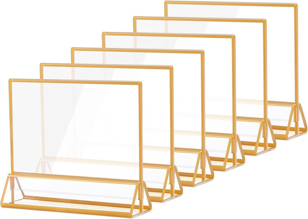 6 x 4 Horizontal Acrylic Sign Holder with Gold Borders, Clear Double Sided Table Menu Stands Picture Frames for Wedding Table Numbers, Restaurant Signs, Photos and Art Display - Pack of 6 