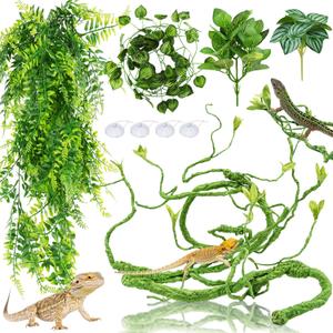 QUOZUO Bearded Dragon Tank Accessories for Habitat, Terrarium Hanging Plants Artificial Leaves Reptile Hide, Leopard Gecko Tank Accessories Hide Terrarium Decor for Lizard Geckos Chameleon Snake