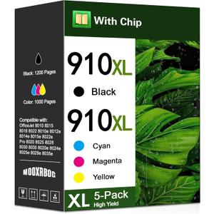 910XL 910 XL Ink Cartridges Combo Pack (5-Pack, 2Black/1Cyan/1Magenta/1Yellow) Replacement for HP 910XL Black and Color Ink Cartridges OfficeJet 8010 8015 8022 Pro 8020 8025 8028 8030 8035 Printer