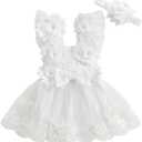 Infant Baby Girl Romper Dress Sleeveless Bow Flower Lace Tulle Dress Bodysuit Headband Newborn Summer Outfits (3-6 Months, White)