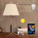26.4" Mid Century Living Room Modern Table Lamp with Pull Chain Switch, Bedside Lamps for Bedroom 3-Color Light, Wood/Metal/Fabric Nightstand Lamp for Home/Office/Desk (Light Brown+Brass)