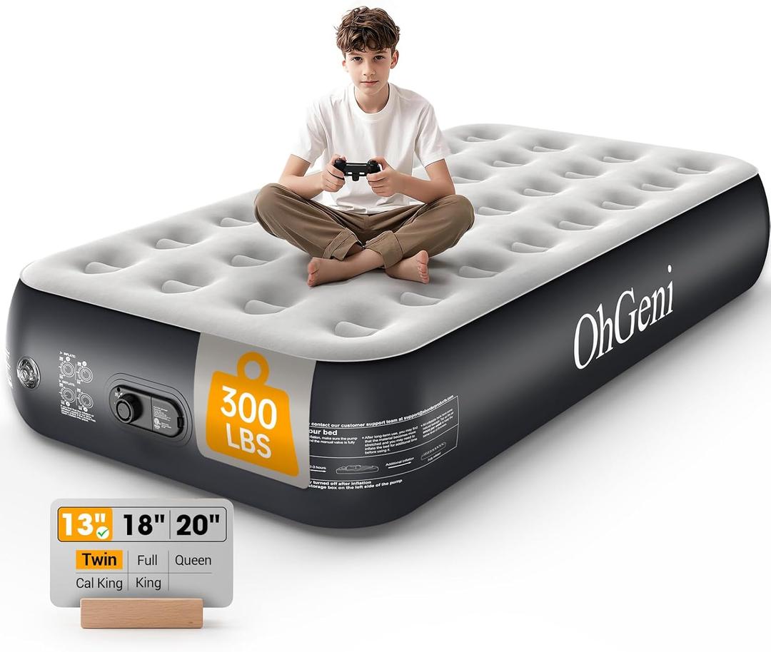 OhGeni Twin Air Mattress with Built in Pump, Camping Air Mattress with External Valve, Family Choice Award Winner, 13" Inflatable Blow up Bed, Portable Foldable Airbed for Home & Outdoor, Gift for Mom