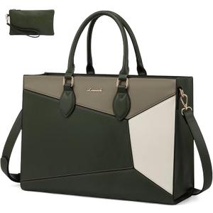 LOVEVOOK Laptop Bag for Women,15.6 lnch Waterproof Lightweight Leather Tote Bag,Professional Business Office Work Bags with Clutch Purse,Large Capacity Computer Shoulder Handbag,Army-Grey-White