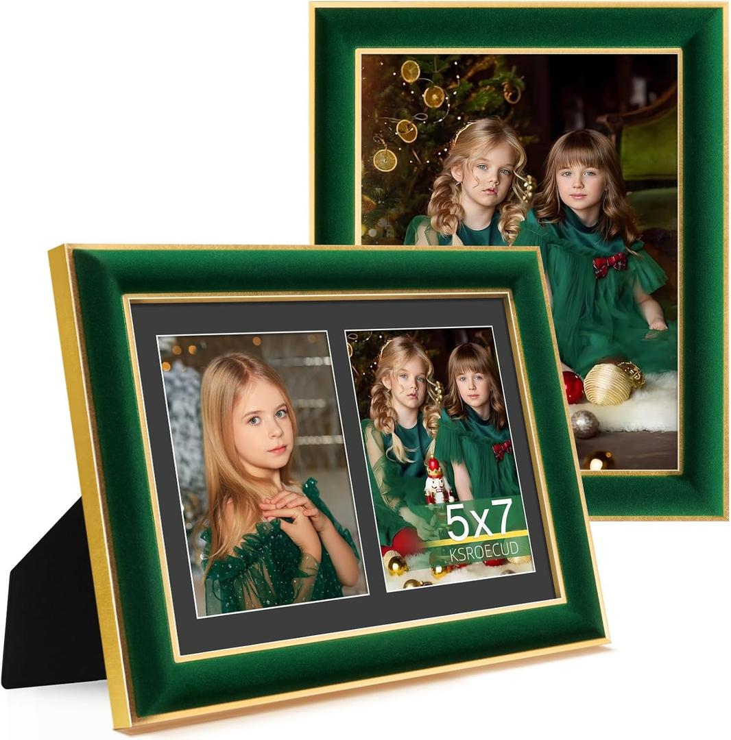 8.5x11 Velvet Picture Frame with 2 Openings 5x7 Pictures, HD Real Glass Green Velvet Photo Frame with Black White Border Mat, Gold Border Horizontal & Vertical Display for Tabletop or Wall Decor (2 Pack)