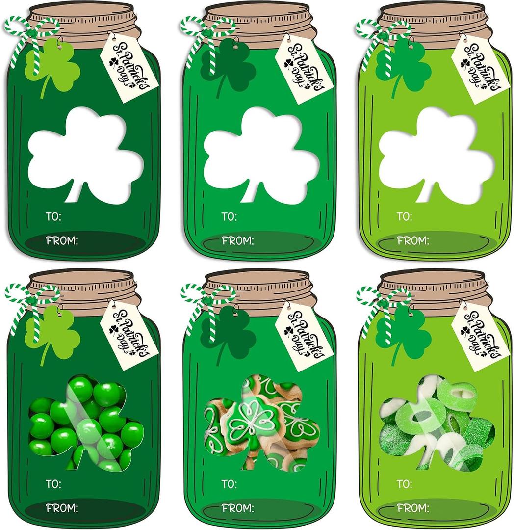 2 x Whaline 45 St. Patrick's Day Self-Adhesive Goodie Bags with Shamrock Clover Mason Jar Paper Cards Gradient Green Candy Holder Craft Set for DIY Irish Party Treat Exchange Favors, Non-Candy