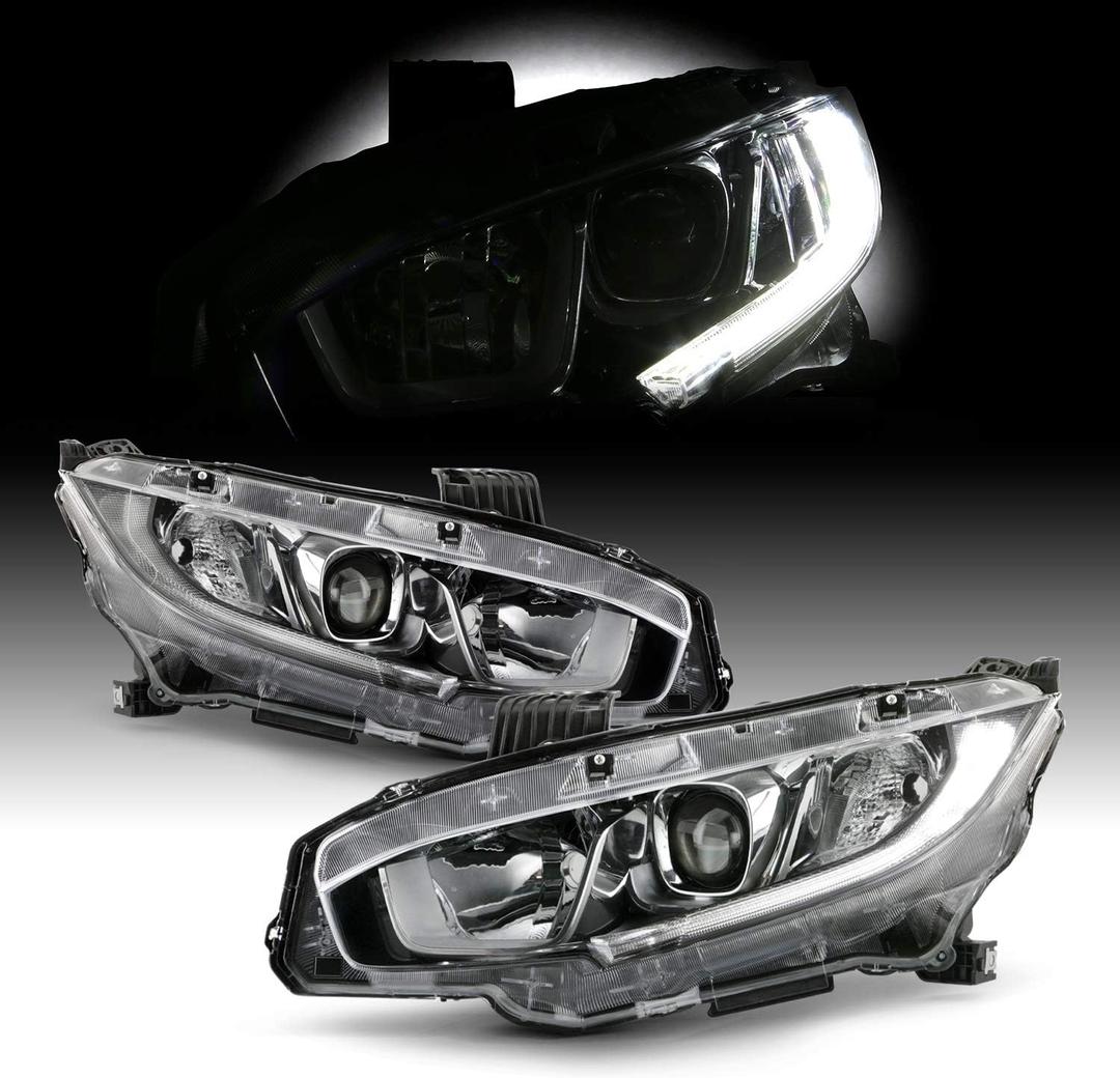 AKKON - Fits 2016-2021 Honda Civic DX EX EX-L EX-T LX LX-P [Halogen Type] Projector Chrome Headlights Pair Left + Right
