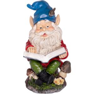 Alpine Corporation 14" Tall Outdoor Garden Gnome Reading a Book Yard Statue Decoration