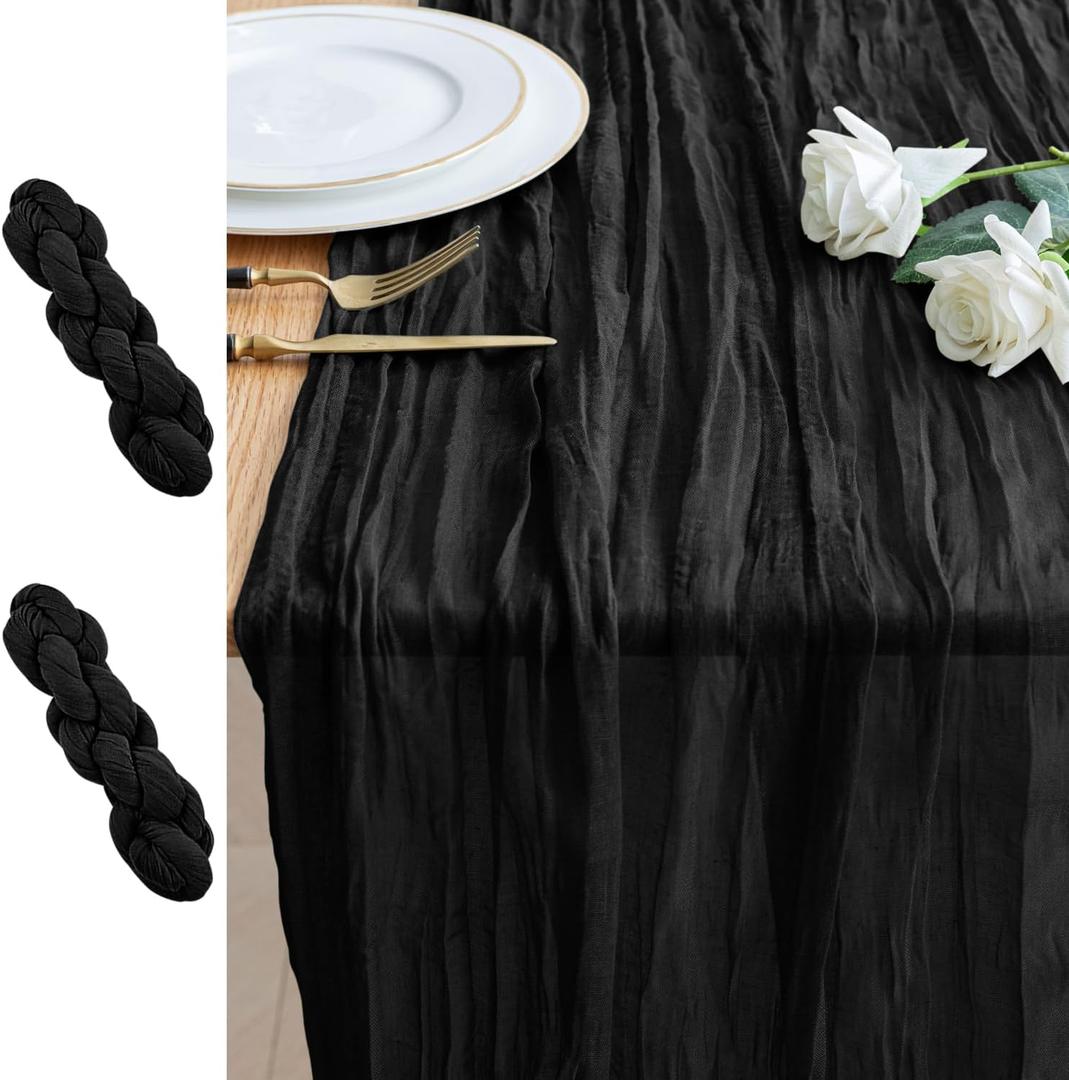 2PCS Table Runner Cheesecloth 10FT Black Boho Gauze Cheese Cloth Rustic Sheer Table Runners for Wedding Birthday Bridal Baby Shower Party Decoration