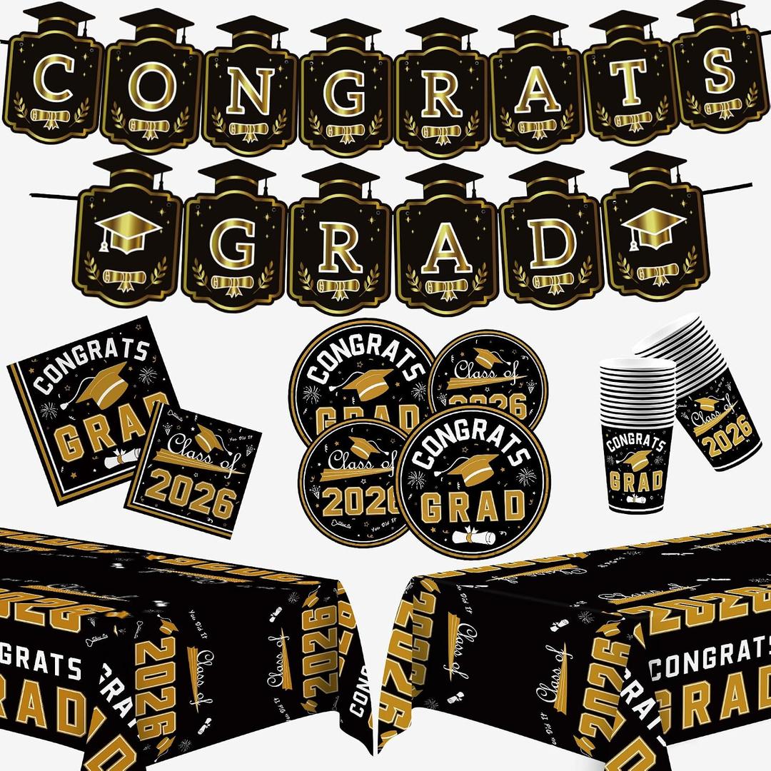 2 x OHOME Graduation Decorations 2026 - Graduation Decorations Class of 2026 - Serve 24 - Black Plates Tablecloth Napkins Cups Banner - Graduation Party Favors Supplies