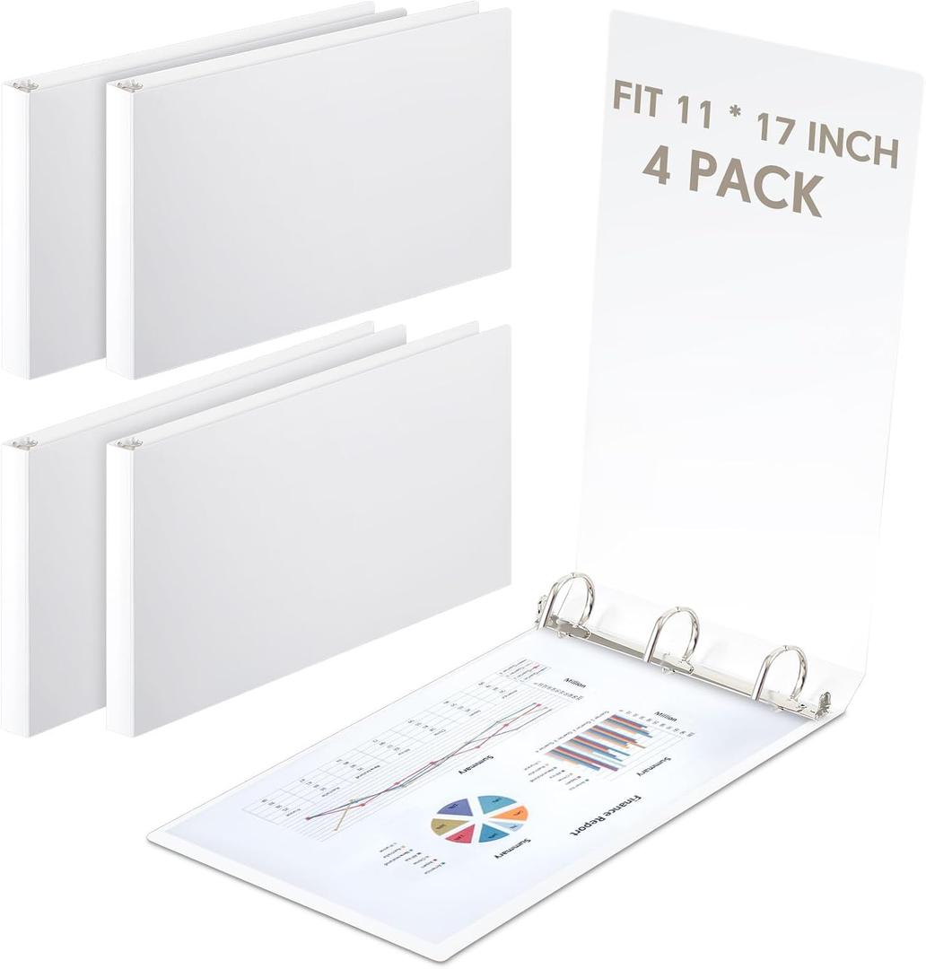 4 Pcs 11 x 17 Inch 3 Ring Binders 3 Inch Rings Heavy Duty View Plastic Flexible D Ring Binders Economy Holds 11" x 17" Paper for Artwork Blueprints, Office, Home, Work Places(White)