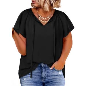 Eytino Women Plus Size Tops Boho Printed V Neck Short Sleeve Drawstring Casual Chiffon Shirts Blouse(1X-5X) (Black, XXL)