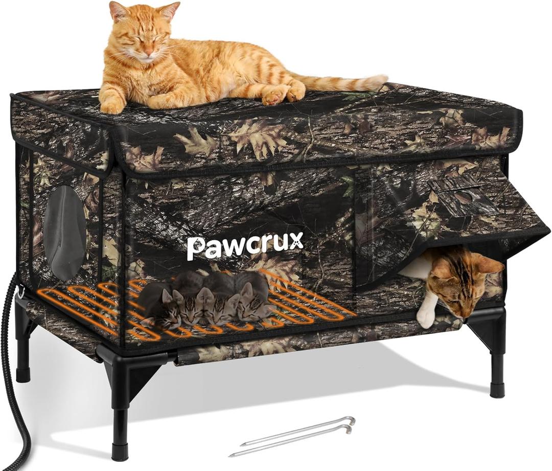 Heated Cat House for Outdoor Cats, Waterproof Insulated Outdoor Cat House with Heating Pad, Weatherproof Elevated Heated Cats House for Outside Feral Cats(Leaf, 25" L x 16" W x 18" H)