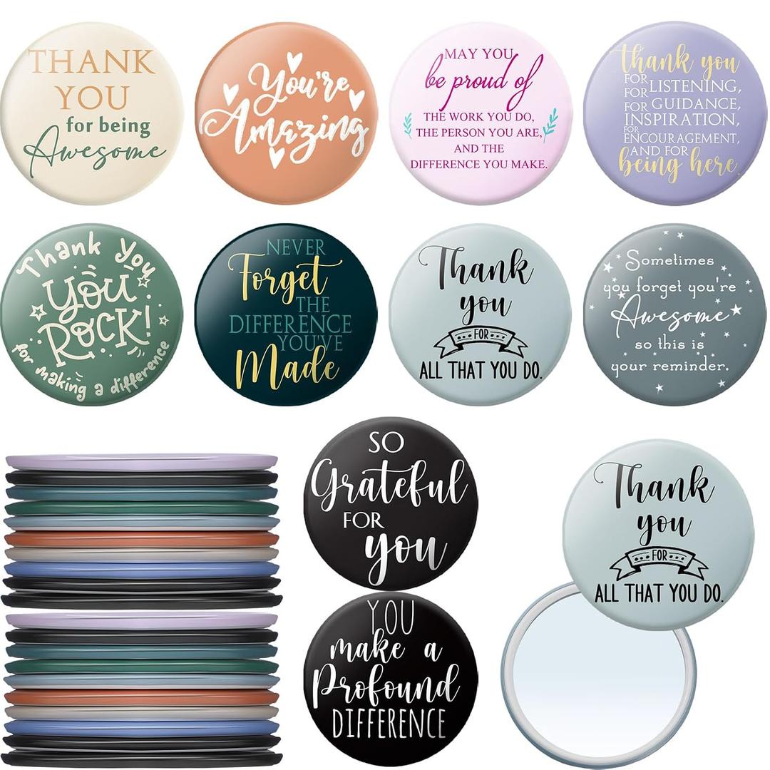Thyle 50 Pcs Inspirational Compact Mirror Bulk Employee Appreciation Gift 2.76'' Round Portable Pocket Hand Mirror Thank You Gift for Women Group Social Worker Nurse Volunteer (Classic Color)