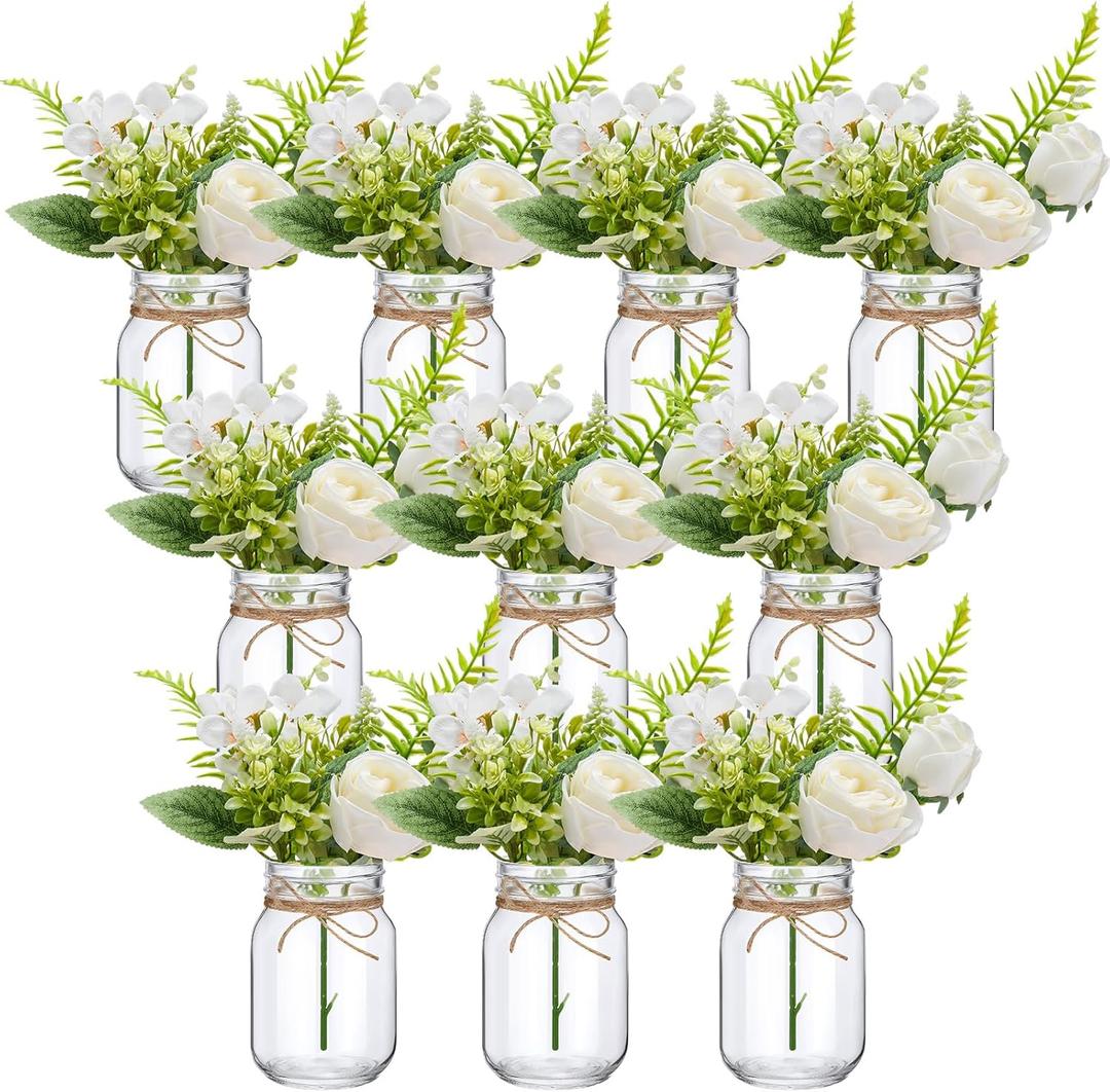 XunYee 10 Set Mason Jar Table Centerpiece with Flower Mason Jar Flower Centerpiece Vases Decor for Engagement Party Bridal Shower Wedding Reception Table Decor(White,Rose)