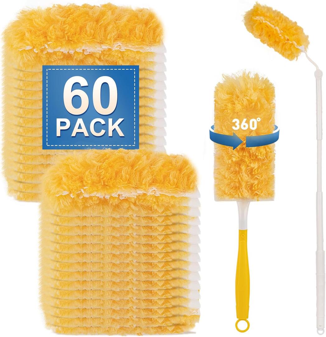 Heavy Duty Duster Refills, Disposable Dusters Kit for Cleaning Dusting Furniture Blind Ceiling Fan, Multi Surface 360 Feather Duster(60)+3FT Extended Handle +1 Handle