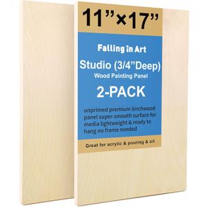 Unfinished Birch Wood Canvas Panels Kit, Falling in Art 2 Pack of 11x17 Studio 3/4 Deep Cradle Boards for Pouring Art, Crafts, Painting, and More
