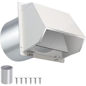 8 Inch Hooded Wall Vent with Screen and Damper,Outdoor Wall Exhaust Vent Cover Wall Cap for Exterior Kitchen Range Hood Ventilation Dryer HVAC Duct Air Exhaust, Galvanized Steel, White