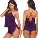 Ekouaer Silk Pajamas Set for Women Satin Backless Lingerie Pjs Cami Top and Shorts Nightwear (Large, Wineberry)