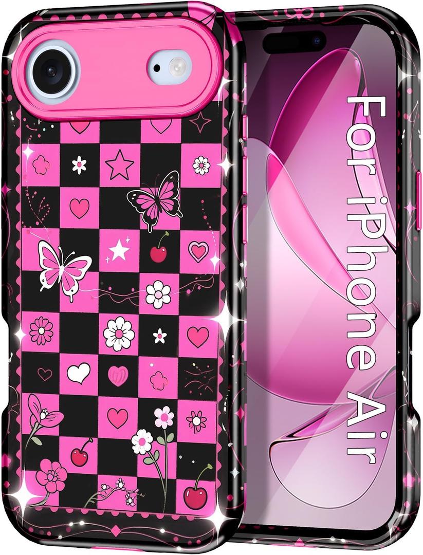 Btscase Compatible with iPhone Air Case 6.5 Inch 2025,Marble Pattern 3 in 1 Heavy Duty Shockproof Full Body Rugged Hard PC+Soft Silicone Drop Protective Women Girl Phone Cases, Black Pink