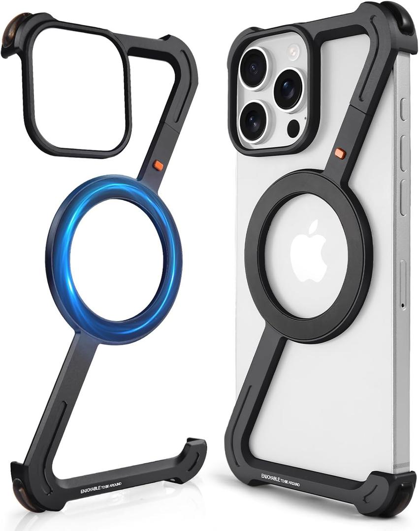 OATSBASF Minimalist Phone Case Compatible with iPhone 16 Pro Max 6.9", [Compatible with Magsafe] Aluminum Metal Frameless Design Bumper Z Case, Protective Shock Grade Shell, Black