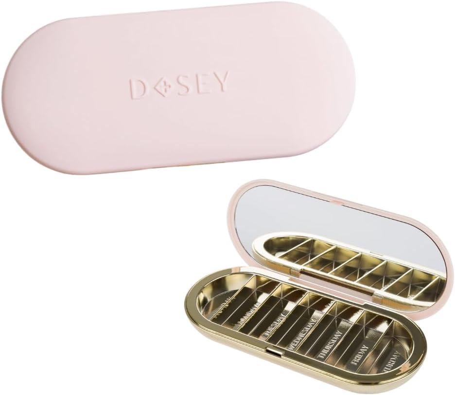 Dosey 7 Day Pill Compact Travel Pill Organizer - Pill Case with 7 Pill Compartments for Medicine Storage & Protection  Stylish & Elegant Medication Organizer with Mirror, Blush