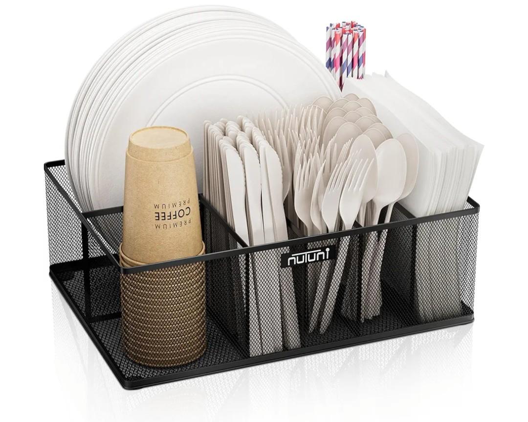 NUTUNI Paper Plate Organizer for Countertop, Metal Silverware Caddy for Plastic Spoon, Napkin, Utensils Holder with 6 Compartments for Party, Camping, Picnic, BBQ Dented