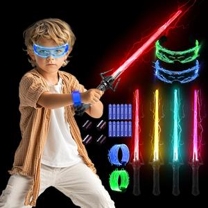 SANCO Light Up Sabers Set for Kids - 4 Pack 7 Colors Retractable Mechanical Claw Power Swords with FX Sound, 2PCS LED Glasses & Wristbands, Glowing Toys for Christmas, Birthday Gifts for Boys & Girls