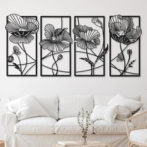 4 Pcs Wall Decor Metal Floral Minimalist Line Art Wall Living Room Bedroom Flower Aesthetic Modern Sculpture Poppy Theme Hanging Home Kitchen Bathroom Decorations (Black, Elegant)