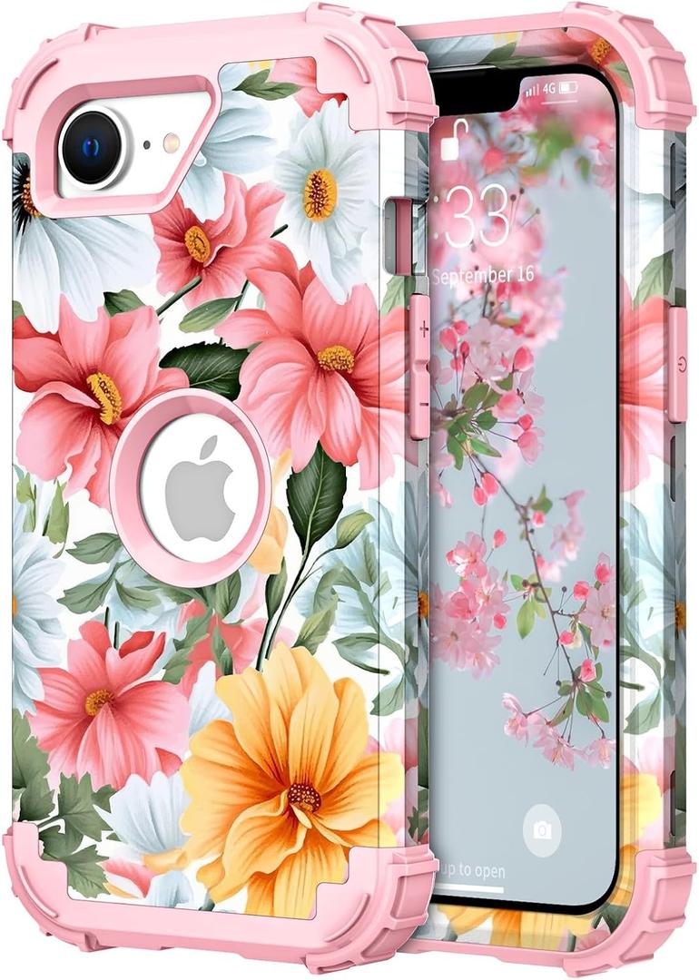 PIXIU Unique Flower Pattern Compatible with iPhone 17e/16e 6.1 inch case,Heavy Duty Dual Layer Shockproof Full-Body Protective Sturdy Hybrid Cute Rugged Case for Women,Girls,Kids Pink Flower