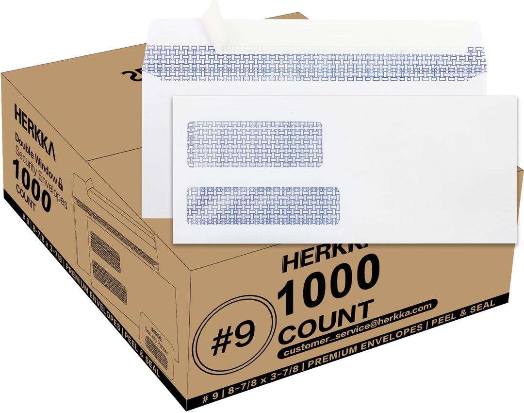 #9 Double Window Security Envelopes, HERKKA No.9 Double Window Business Envelopes Designed for QuickBooks Invoices and Business Statements - Number 9 Size 3 7/8 Inch X 8 7/8 Inch - 24 LB - 1000 Pack