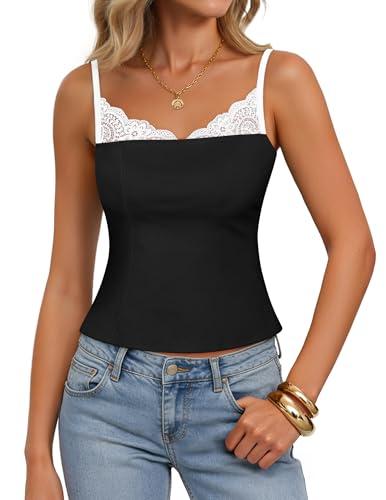 ZESICA Women's Sleeveless Lace Camisole Tops Summer 2026 Spaghetti Strap Tank Top Y2k Sexy Going Out Trendy Shirts Black, Medium