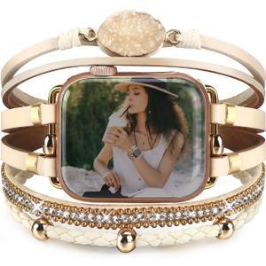 Boho Leather Bracelet Compatible with Apple Watch Bands for Women Men 38mm 40mm 41mm 42mm 44mm 45mm 46mm 49mm - Multilayer Wrap Dressy Apple Watch Strap for Cute Iwatch Band Series 11 10 9 8 7 6 5 4 SE 3 Ultra 3 2 1