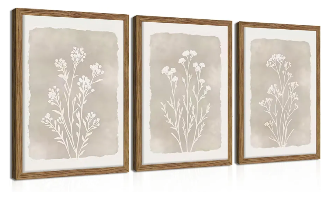 Framed Boho Botanical Flower Wall Art Set of 3, Vintage Minimalist Neutral Floral Wall Decor Paintings, Rustic Farmhouse Wildflower Artwork Prints Picture for Living Room Bedroom Bathroom 12x16 Inch