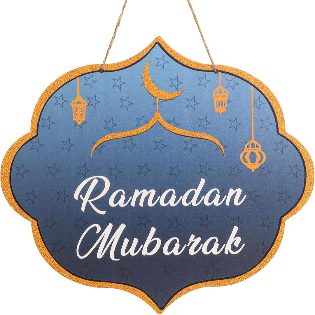 Ramadan Mubarak Door Sign, 12.611.2In Blue Wooden Eid Ramadan Kareem Door Hanger, Crescent Moon Welcome Wall Hanging Decor, Islamic Decoration for Home Front Porch Indoor Outdoor Muslim Gift