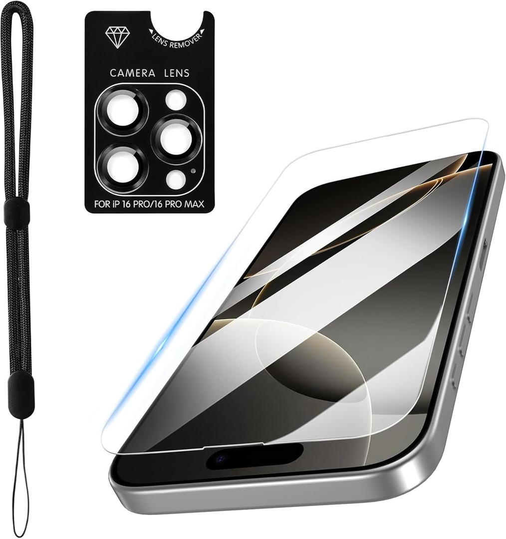 PASNEW 1 Pack Screen Protector for iPhone 16 Pro Max [6.9 inch] +1 Pack Camera Lens Protector + 1 Black Lanyard,Tempered Glass[9H Hardness]-HD