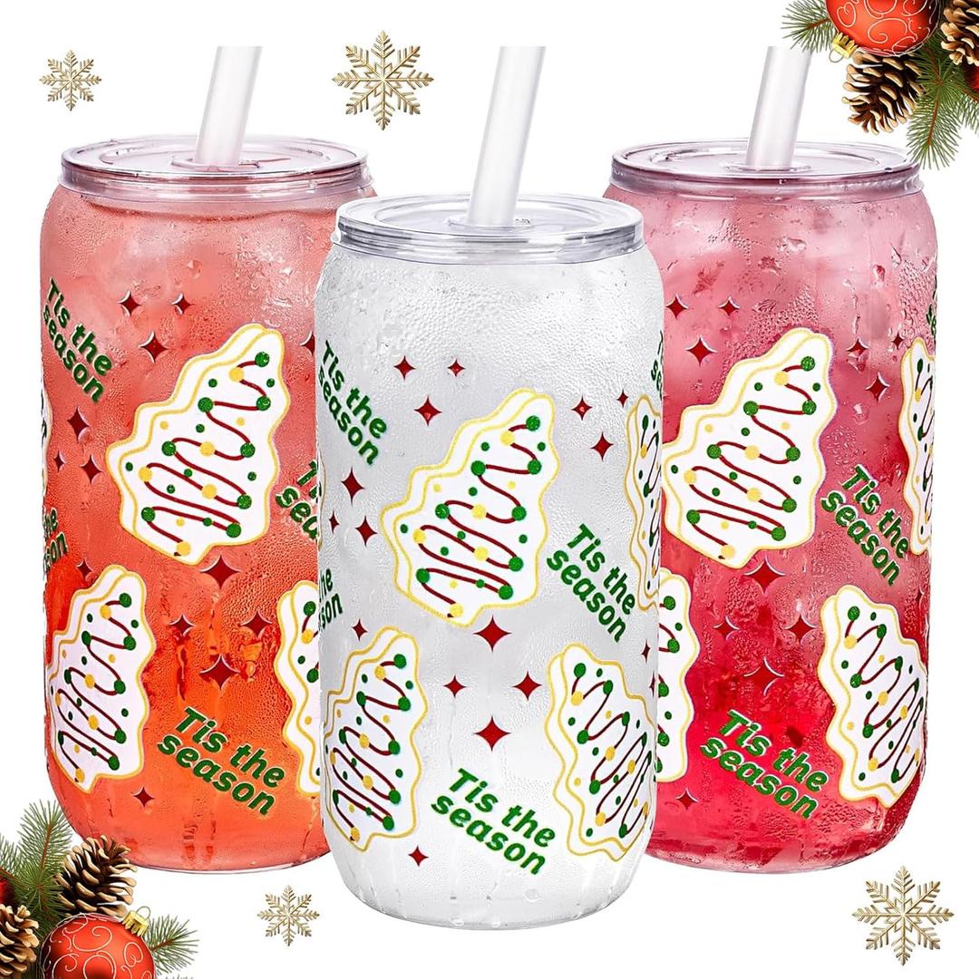 Ciaell 16PCS Christmas Tree Plastic Cups - 16oz Can Shaped Drinking Glasses - Disposable Beer Glasses with Lids and Straws for Coffee Cocktail Soda Boba Smoothie Christmas Party Gift