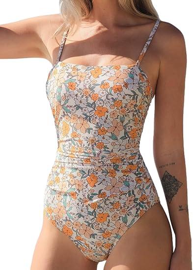 CUPSHE Women Swimsuit One Piece Bathing Suit Square Neck Cutout Back Tummy Control with Adjustable Spaghetti Straps S Cantaloupe Orange Ditsy