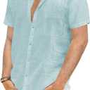 JEKAOYI Mens Casual Linen Button Down Short Sleeve Shirts Beach Summer Spread Collar Pocket Tops (L)