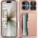 for iPhone 17 Case Wallet, Card Holder (4-5 Cards), Slide Camera Cover, Military Grade Protection, Rugged Women Girly Men Shockproof Hard Protective Phone Case for iPhone 17 6.3", Rose Gold