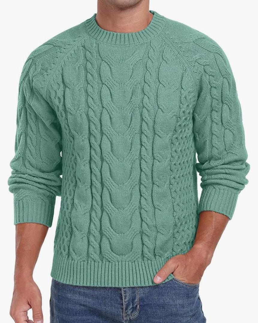 Askdeer Men's Pullover Sweater Cable Knit Crewneck Sweater Long Sleeve Classic Casual Sweater Tops, S