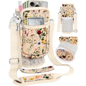 Water Bottle Holder Carrier Bag with Strap - Crossbody Sling for Walking with Phone Pocket Insulated for 32 24 oz (Beige)